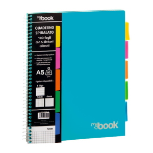 Nikoffice Quaderno Spiralato A5 Colori Assortiti Quadretti 5mm Con 5 Separatori Per Studenti